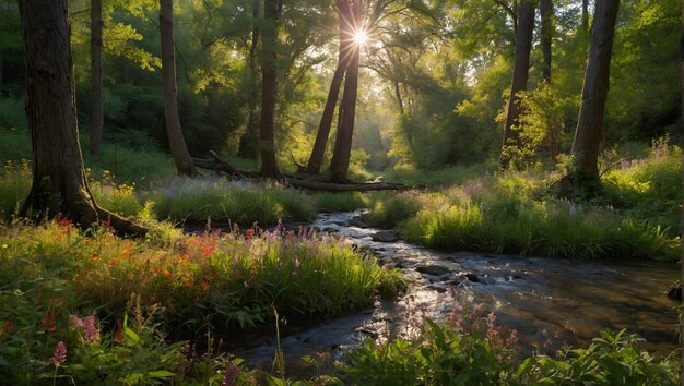 Photo a stream running through a forest with the sun shining through the treesor cartoon