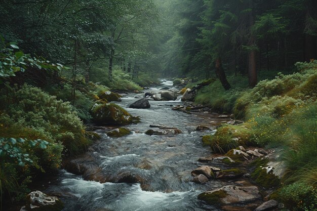 a stream running through a forest with trees and rocks