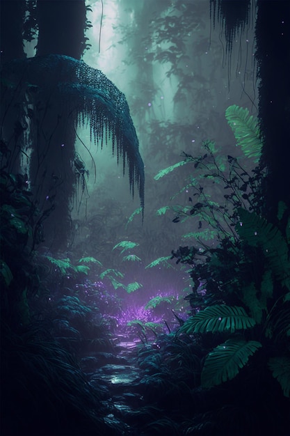 Stream running through a lush green forest generative ai