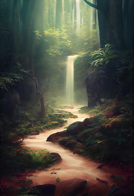 Stream running through a lush green forest generative ai