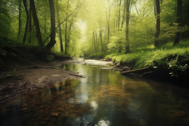A stream running through a lush green forest generative AI