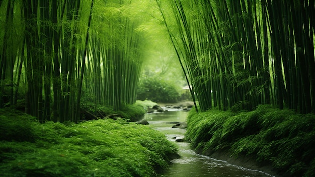 a stream running through a lush green forest