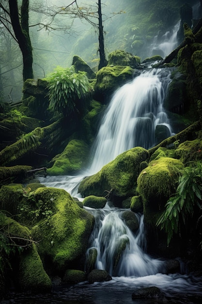 Поток, протекающий через пышный зеленый лес.