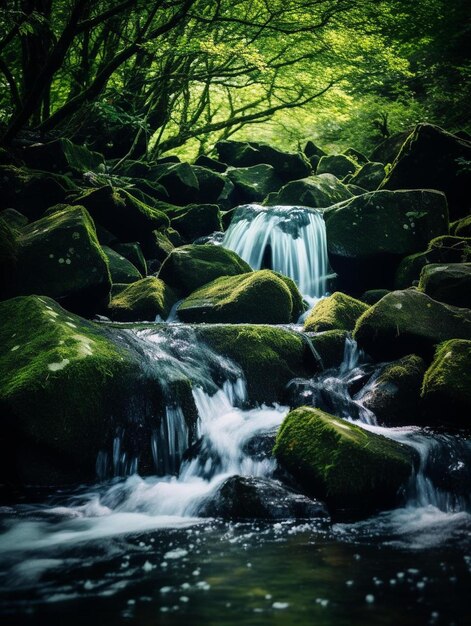 a stream running through a lush green forest