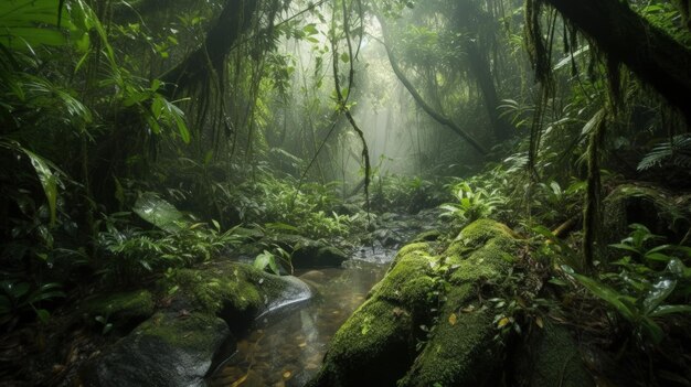 A stream running through a lush green forest