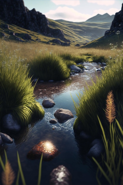 Stream running through a lush green valley generative ai