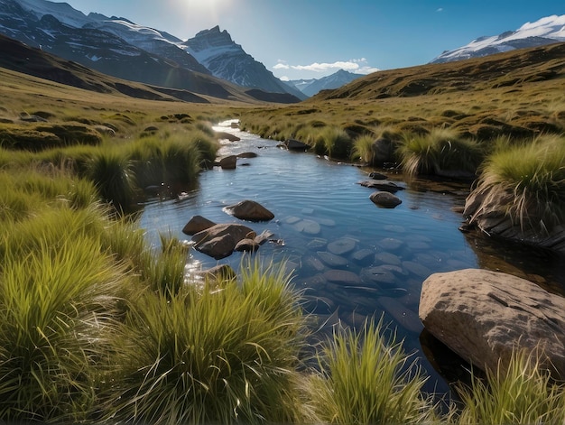 a stream running through a lush green valley with mountains in the background