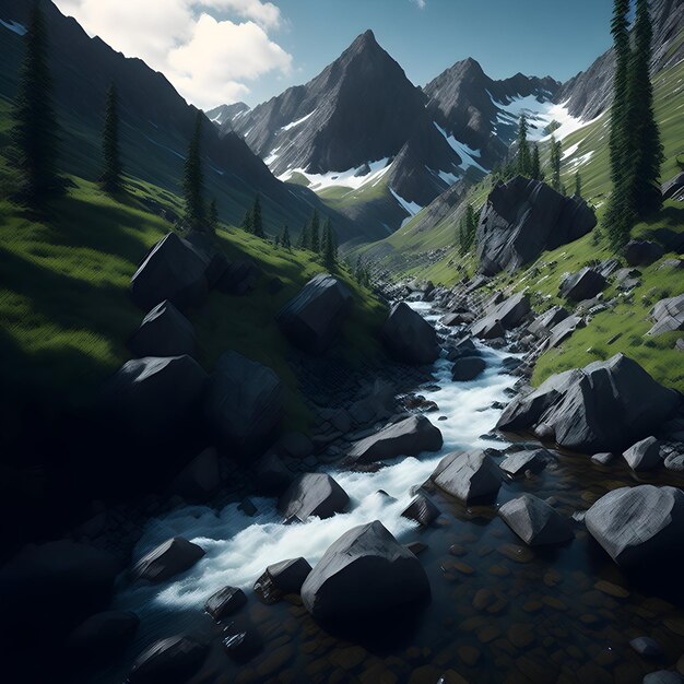 Photo a stream running through a lush green valley