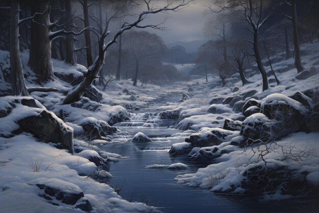 Photo a stream running through a snow covered forest