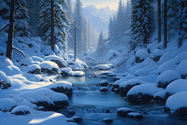 a stream running through a snow covered forest