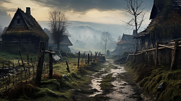 a stream running through a village