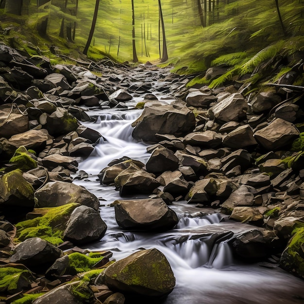 A stream runs through a forest with mossy rocks and mossy rocks.