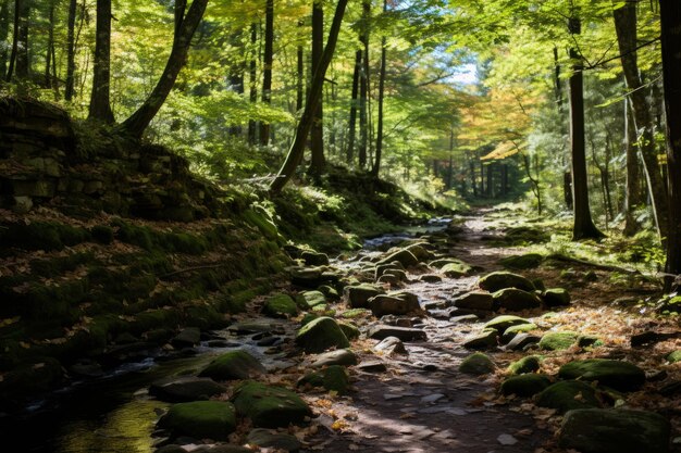 a stream runs through a forest with rocks and trees