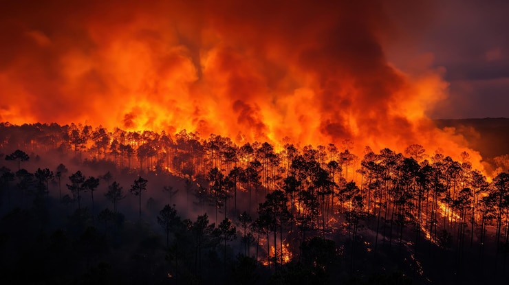 Photo a stream of smoke and flame stretches through the tree canopies