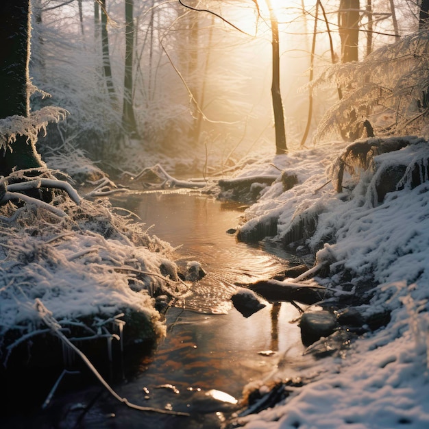 Stream in a snowy forest