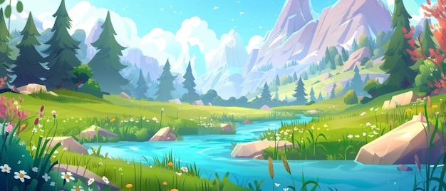 A stream of water flows from mountains to a meadow on the horizon surrounded by green grass a forest with trees and hills and flowers on the banks of the river