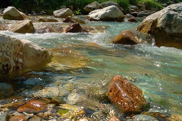 Photo a stream of water flows between large rocks