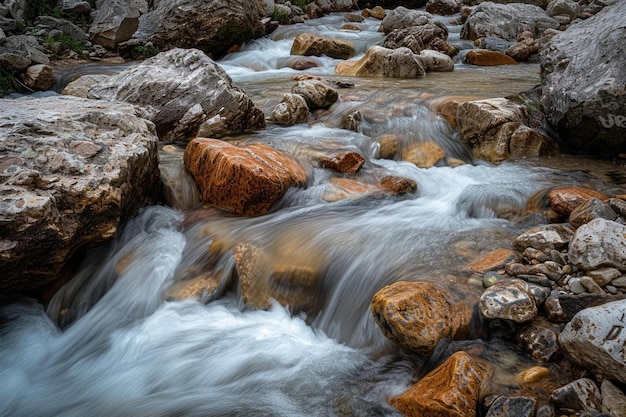 a stream of water running between rocks in a forest