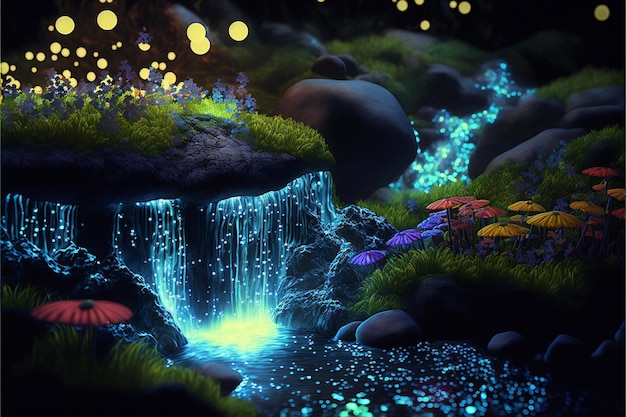 Stream of water running through a lush green forest generative ai