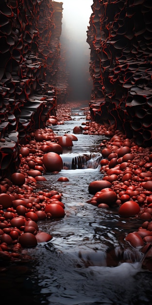 A stream of water surrounded by red rocks