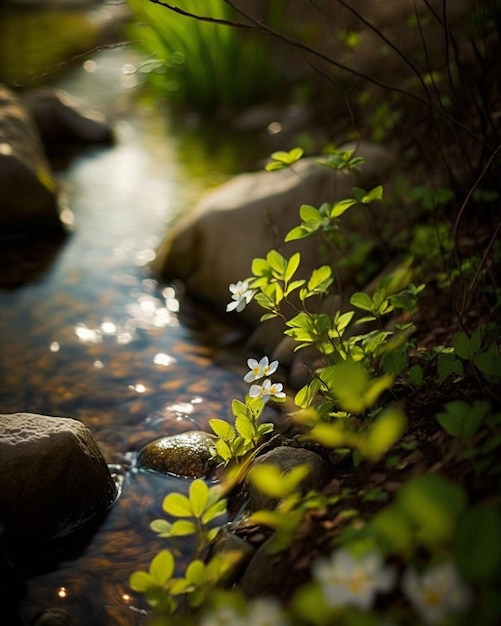 A stream with flowers in the foreground and a green leafy plant in the background.