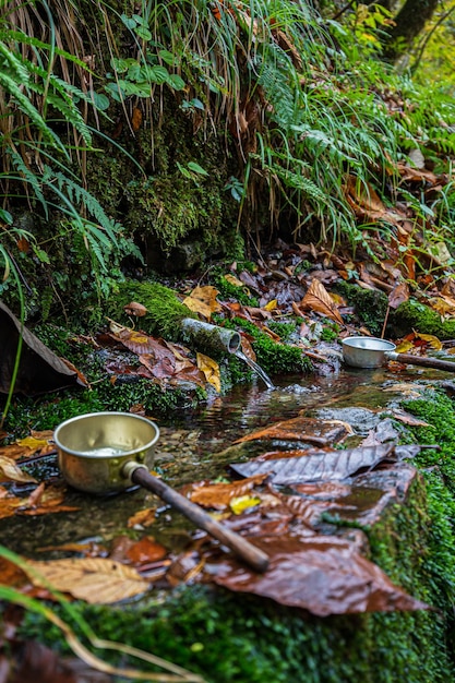 A stream with a metal bowl and a stream with water dripping down it.