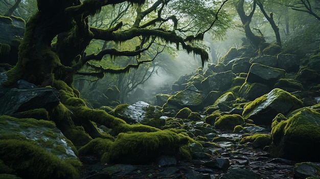 a stream with moss and trees