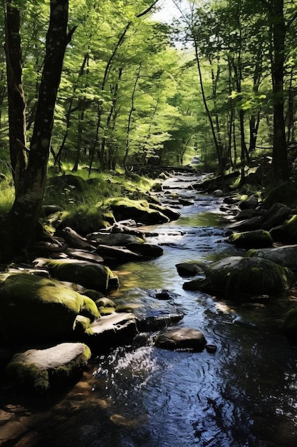 Photo a stream with rocks and trees in the background