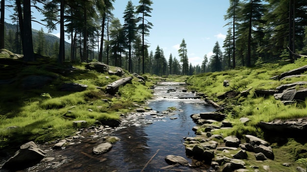 a stream with rocks and trees in the background