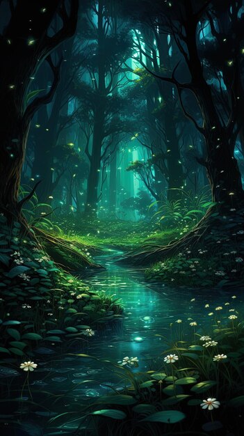 a stream in the woods with a green light at the bottom