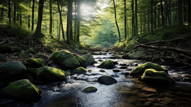 a stream in the woods with mossy rocks and trees.