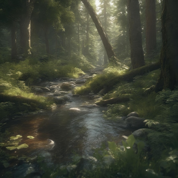 森の中を小川が流れる小川。