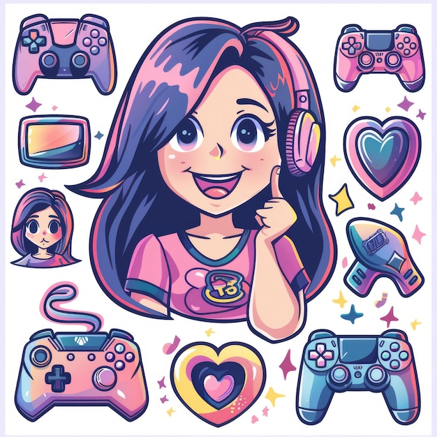 Photo streamer gamer girl twitch emote and badge set beautiful cartoon style anime character with cute