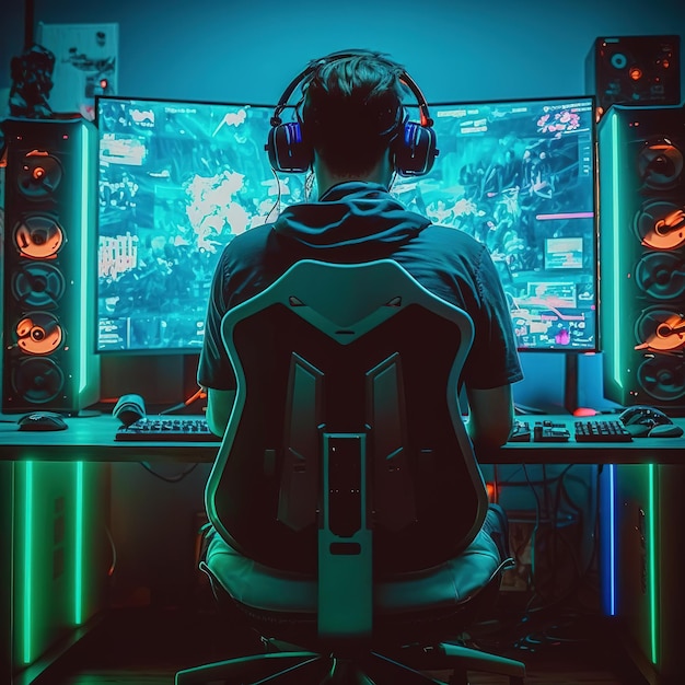 A streamer with his setup in neon colors