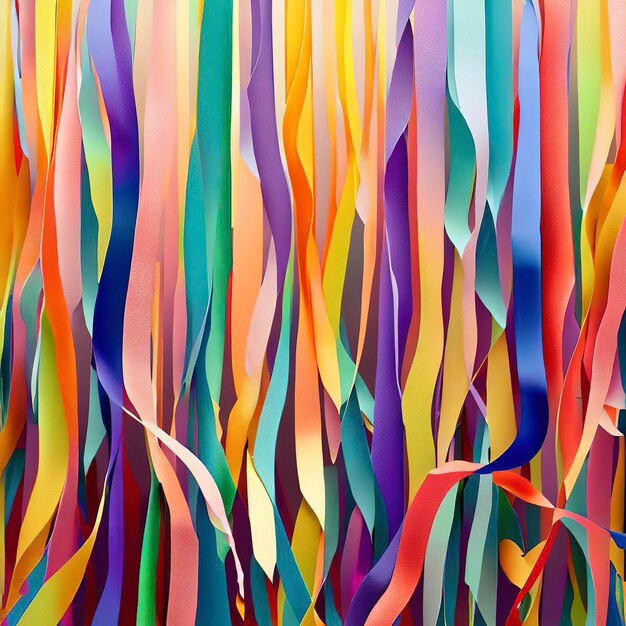 Streamers of rainbow crepe paper are coming from all directions pulled tight interwoven to cover the screen multicolor bright energetic realism