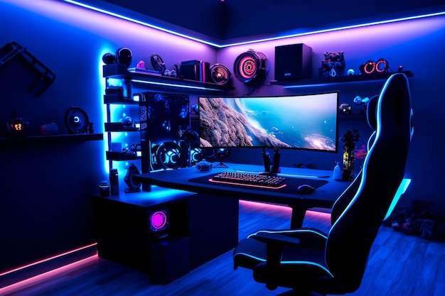 Streaming room with purple lights two monitors