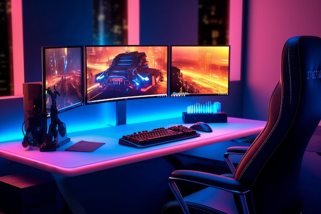 Streaming room with purple lights two monitors
