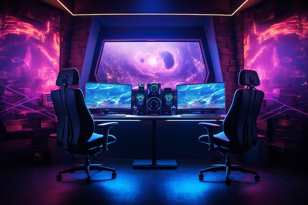 Photo streaming room with purple lights two monitors