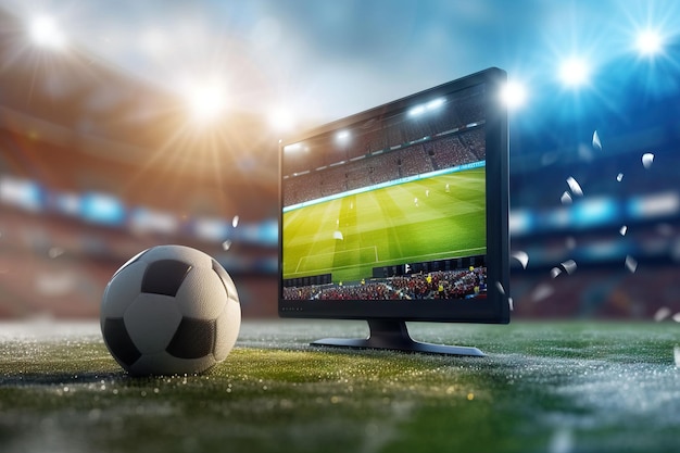 Streaming tv van een voetbalwedstrijd in een stadion generatieve ai