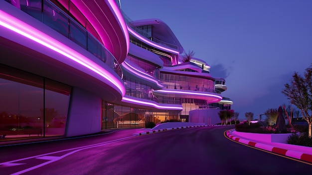 Streamlined neon glowing light design building exterior and racing track design street