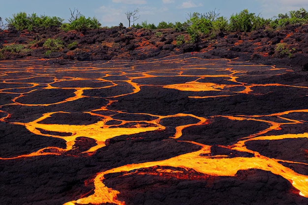 Streams of molten magma orange yellow lava texture