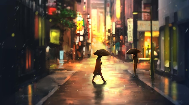 Street After The Rain 일러스트레이션 손으로 그린 디지털 아트, 디지털 페인팅