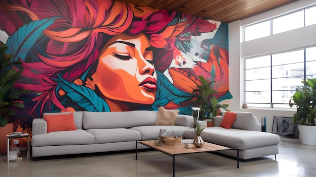 Street Art Marvel A mural on the wall in a loft living room in Los Angeles