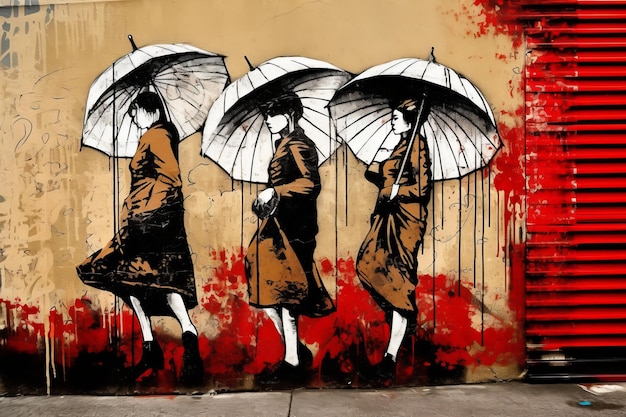 A street art painting of three women holding umbrellas in the style of dark red and beige Generated AI