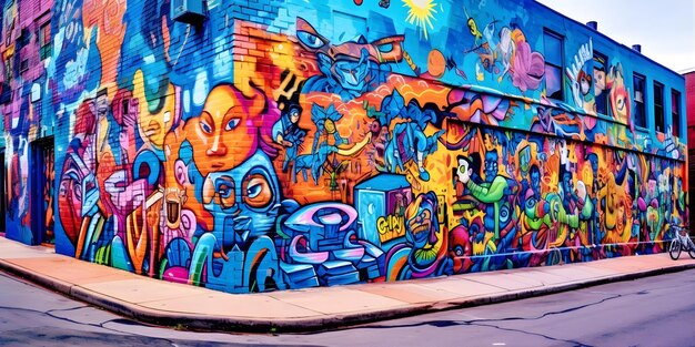 Street Art Scene A vibrant urban setting with colorful graffiti murals Generative ai