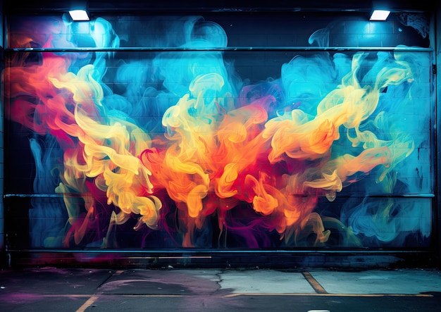 Композиция дыма, вдохновленная уличным искусством, запечатлена на фоне яркой стены, покрытой граффити.