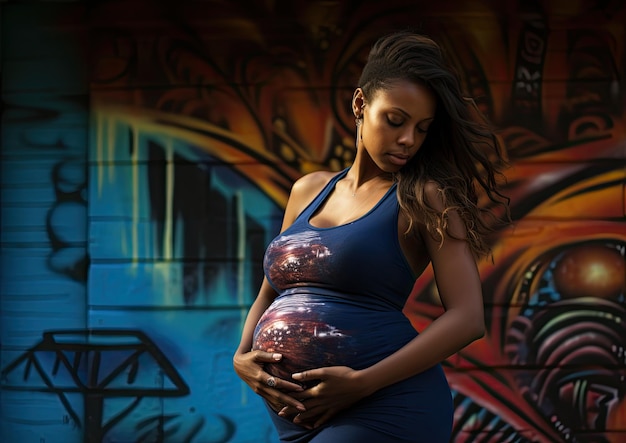 Вдохновленное уличным искусством изображение живота беременной женщины, выполненное в суровом городском стиле.