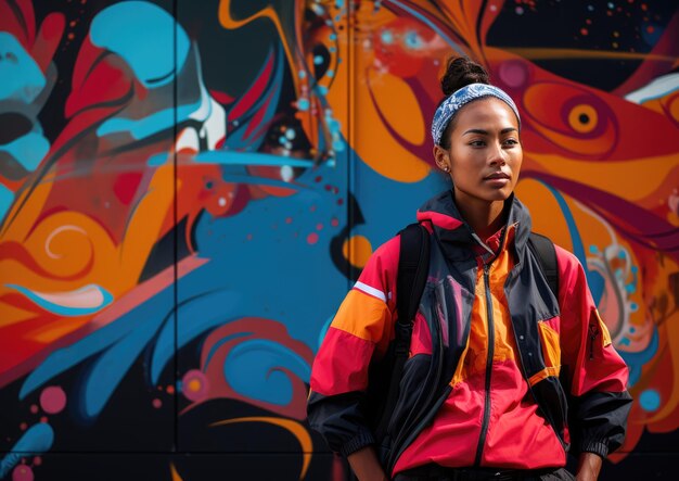 A street artinspired photograph of a courier standing in front of a vibrant mural with bold