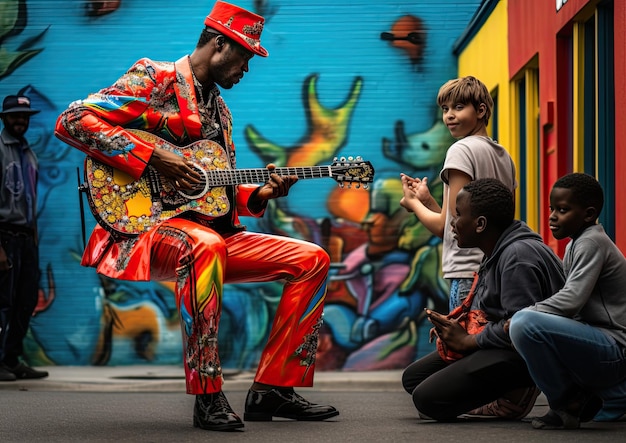 Photo a street artinspired shot of an ambassador interacting with local street performers captured with