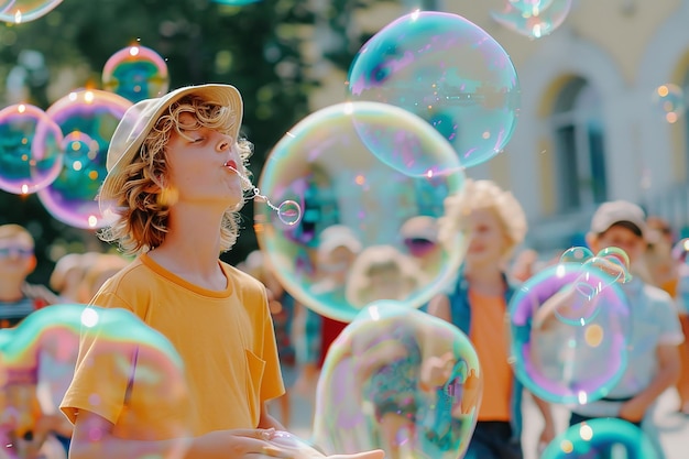 Photo a street artist amusing the children in the throng on a bright summer day by blowing bubbles made of soap youngsters frolicking with vibrant soap bubbles in the forefront generative ai